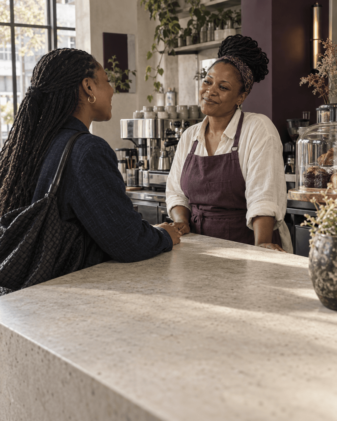 Illustrative scene of a café owner and a returning customer catching up across the counter.